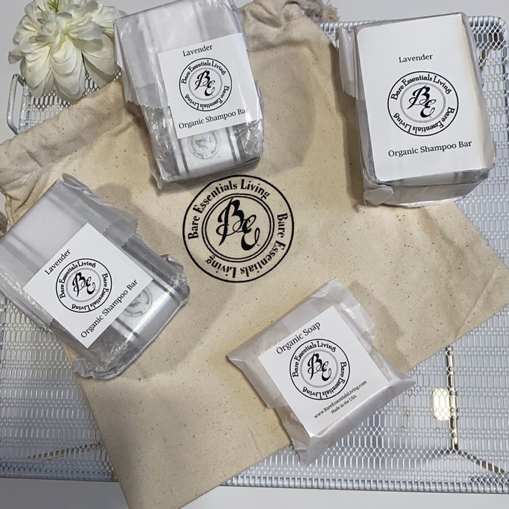 Bare Essentials Living 4 oz Organic Essential Oil Lavender Shampoo Bars & Bag x3